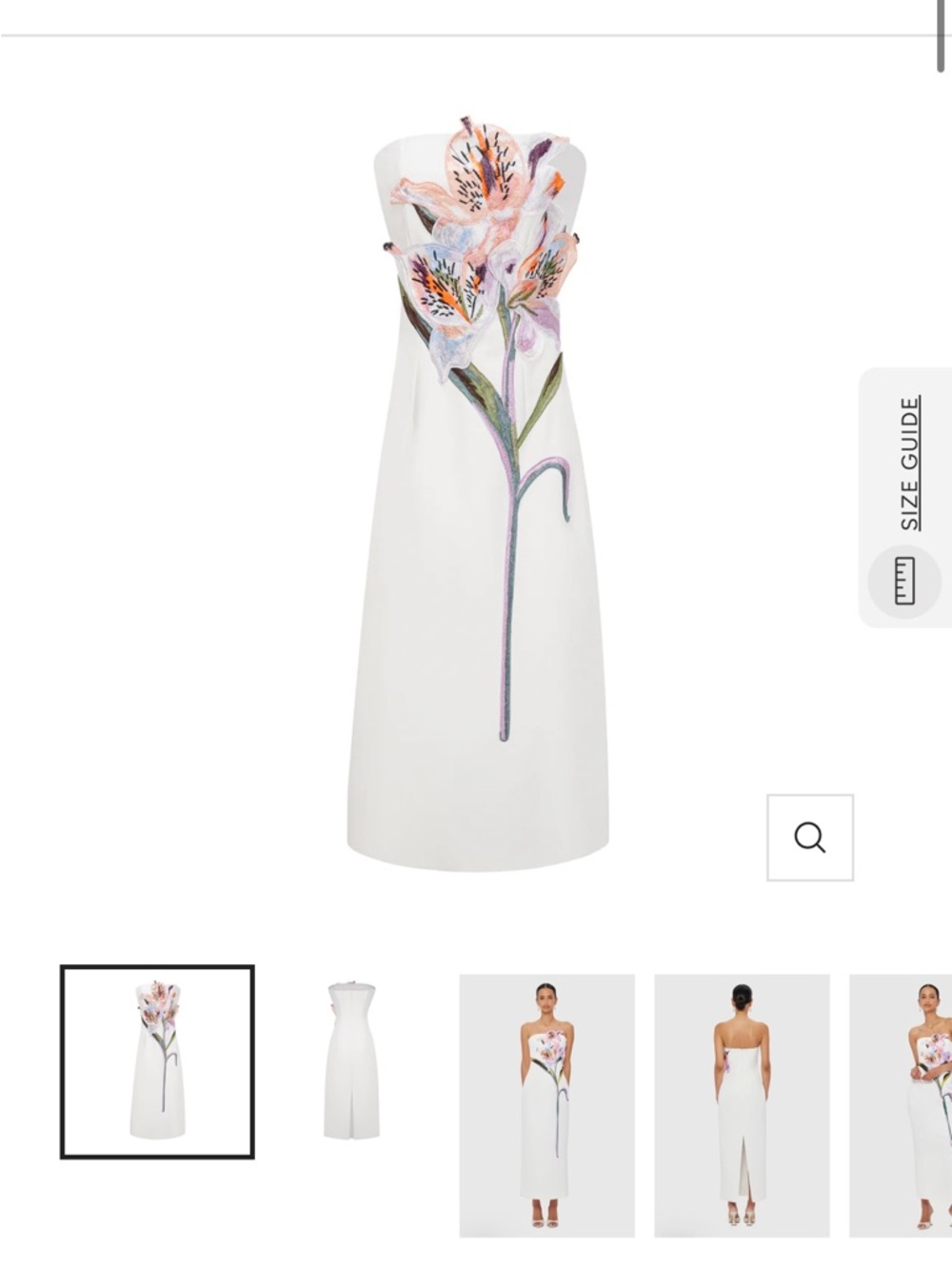 Strapless White Midi Dress with Pink Floral Embellishment